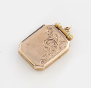 ARONSON of Melbourne 9ct yellow gold square form locket with engraved decoration, late 19th century, stamped "9" with pictorial marks, 3cm high, 7.9 grams total