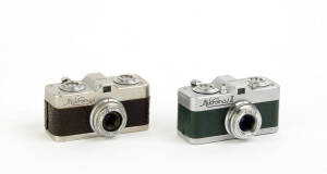 MEOPTA (Czechoslovakia): Mikroma, c1949 [#434238] and Mikroma II, 1959 [#1018465], 16mm sub-miniature cameras with Mirar f3.5 20mm lenses; the first in black snakeskin and the second with green leather covering. (2 cameras).