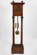A stunning Australian Arts & Crafts grandfather clock, solid blackwood with carved gumnuts, leaves and oyster blackwood veneer dial and base, early 20th century, ​191cm high, 48cm wide, 37cm deep
