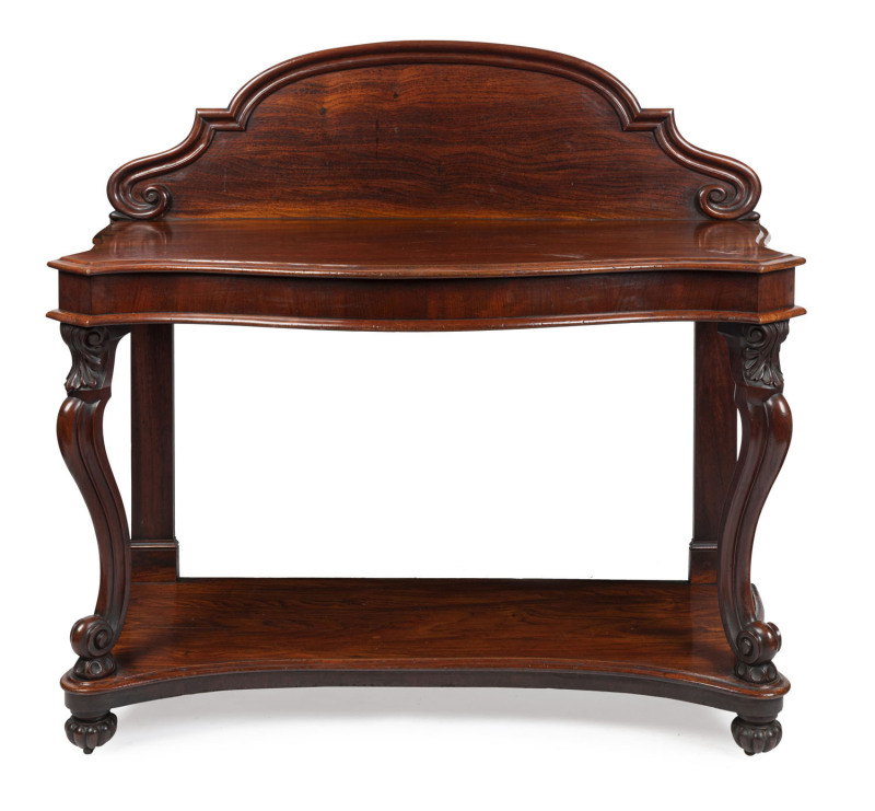 A fine Colonial Australian servery, serpentine front with finely carved cabriole supports and gadrooned bun feet, New South Wales origin, mid 19th century, 126cm high, 135cm wide, 63cm deep