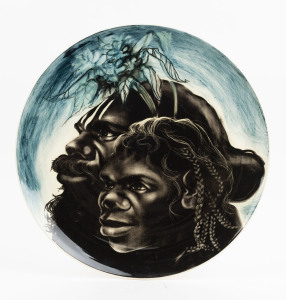 MARTIN BOYD Australian pottery charger with Aboriginal portraits on blue ground, incised "Martin Boyd, Australia". 38cm diameter