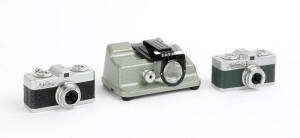 MEOPTA: A Mikroma [#4311198] & Mikroma II [#20885] pair of sub-miniature cameras, as above; both with original Meopta lens caps and accompanied by a Meopta film cutter. (3 items)