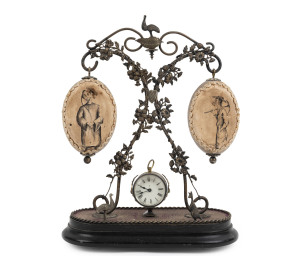 "A SOUVENIR FROM SYDNEY" unusual Australiana emu egg clock display with hand-painted parchment vignettes of a goldminer and a Chinese merchant, silver plated mounts adorned with emus and kangaroo, 19th century, 39cm high