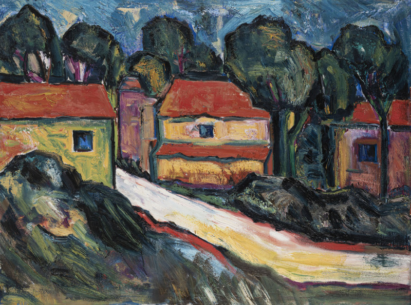 ALEC KNOX Houses with Trees, oil on canvas, circa 1970, titled on label, verso,