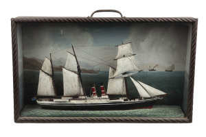 An antique maritime diorama, sail steamship model housed in timber cabinet with rope twist wooden edge, 19th century, 42cm high, 70cm wide, 15cm deep