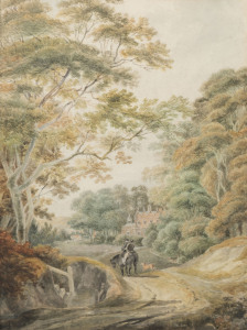 JOHN GLOVER (Britain, Australia, 1767-1849), figures on horseback in a country landscape, watercolour, ​signed "J. Glover" lower left. 35 x 26cm
