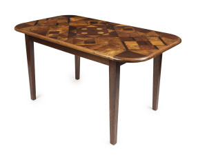An unusual Australian folk art kitchen table, mountain ash and kauri pine with marquetry specimen wood inlaid top including cedar, blackwood, elm, ash etc., circa 1930, 75cm high, 145cm wide, 81cm deep