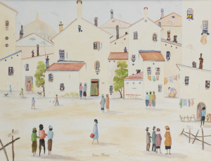 JOAN MOORE Suburban Activity, watercolour and pencil, signed at centre base, ​titled verso, 50 x 61cm.