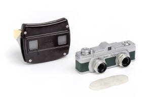 MEOPTA: Stereo - Mikroma, c1961, camera for stereo exposures on 16mm film; Mirar f3.5 25mm lenses and green leather covering and Meopta twin-lens cap in maker's leather ERC. Also, a Meopta stereo viewer. (2 items).