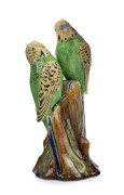 GRACE SECCOMBE pottery budgerigar figural group, rare colourway, incised "Grace Seccombe, N.S.W., Australia", 18cm high
