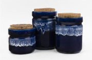 ELLIS set of three blue glazed pottery canisters, circa 1970s, the largest 18cm high