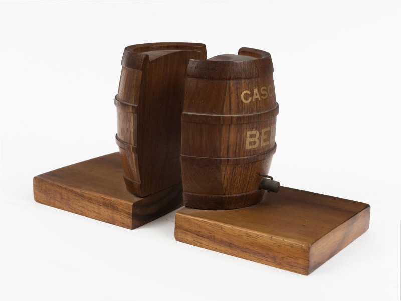 CASCADE BEER blackwood beer barrel bookends with sterling silver map of Tasmania plaque, early 20th century, 12cm high