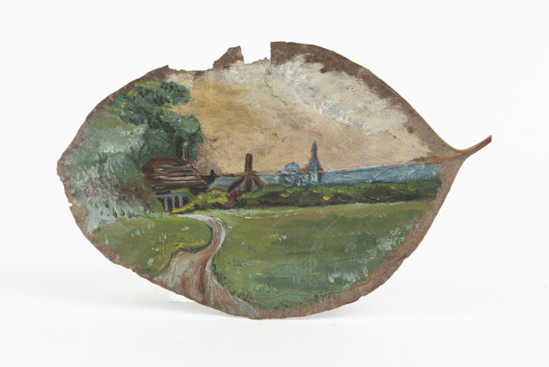 ARTIST UNKNOWN hand-painted gum leaf, early 20th century, 11 X 16cm