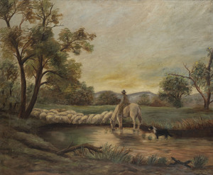 R. HEFFRON Watering the flock, oil on canvas, circa 1930s, signed lower right, 76.5 x 91.5cm.
