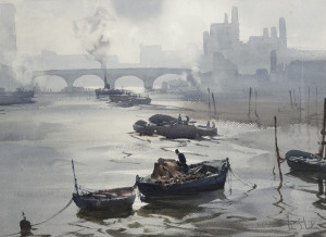 JOHN SAMUEL LOXTON (1903-1969), Grey day on the Thames, watercolour, signed lower right "John S. Loxton", 50 x 68cm