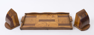 A pair of Australian specimen wood Art Deco bookends together with a timber specimen wood serving tray, 20th century, the tray 39cm wide