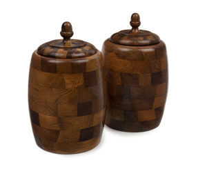 A fine pair of Australian specimen wood turned lidded urns, circa 1900, ​17cm high