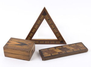 Two inlaid timber cribbage boards and a cribbage box, 19th and 20th century, the triangle 24cm wide