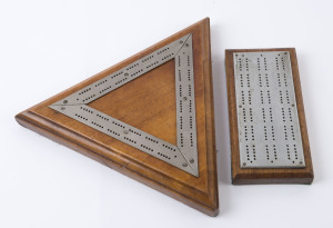 Two cribbage boards, Queensland maple and blackwood with nickel plated tops, early 20th century, the triangular example 32cm wide
