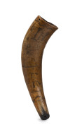 An antique powder horn with scrimshaw decoration, early 19th century, 30cm long