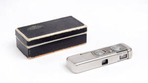 MINOX (Latvia): VEF Minox "Riga" sub-miniature camera, 1938, [#2694] for 8x11mm exposures on 9.5mm film in special cassettes; Minostigmat f3.5 15mm lens; with zippered leather case in original box with sale guarantee document. Accompanied by 2 cans of fil