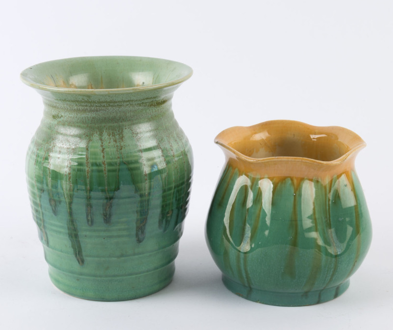 REMUED two green glazed pottery vases, one incised "Remued", ​16.5cm and 11.5cm high