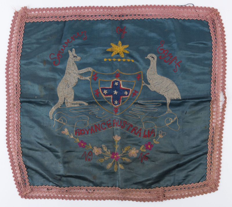 SOUVENIR OF EGYPT, ADVANCE AUSTRALIA, 1916", hand embroidered silk scarf, ​51 x 51cm