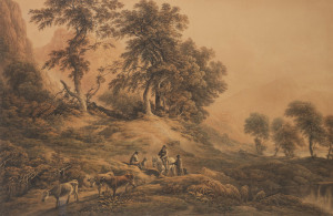 JOHN GLOVER (Britain, Australia, 1767-1849), figures and animals in country landscape, Lakes District watercolour, 59 x 90cm. PROVENANCE: Private collection England