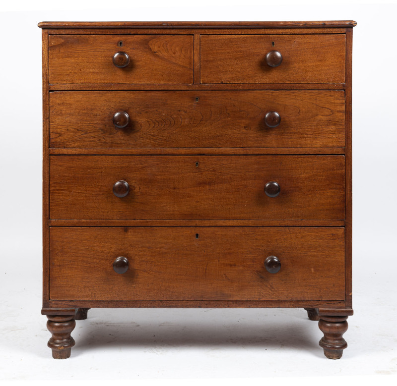 An antique Australian cedar chest of five drawers with Baltic and kauri pine secondary timbers, 19th century, 106cm high, 99cm wide, 52cm deep