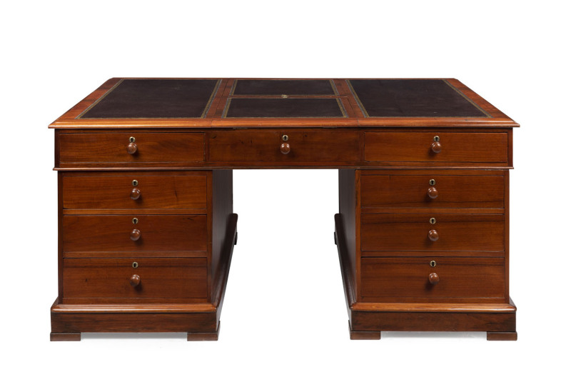 An antique Australian cedar partners desk with tooled leather adjustable top, circa 1885, ​77cm high, 167cm wide, 111cm deep