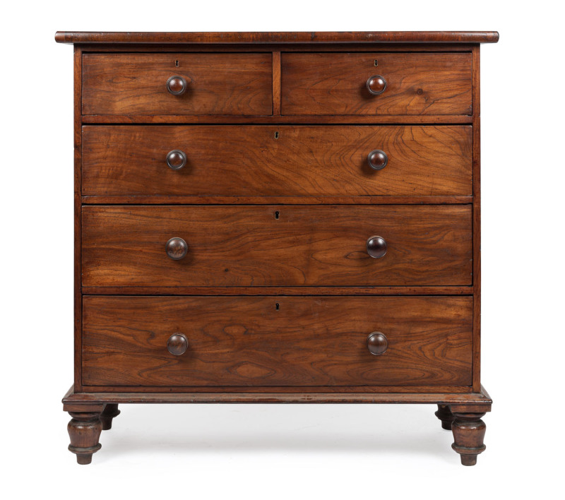 A Colonial Australian cedar chest of five drawers with cross banded edge and cedar secondary timbers, New South Wales origin, circa 1850, 119cm high, 119cm wide, 48cm deep