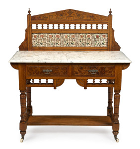 An antique Australian washstand with birdseye huon pine front, marble top and English Aesthetic Movement tile back, Tasmanian origin, late 19th century, 119cm high, 106cm wide, 51cm deep