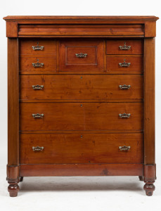 An antique huon pine chest of eight drawers, late 19th century, missing columns, later polish, 144cm high, 121cm wide, 57cm deep