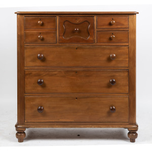 An antique kauri pine chest of seven drawers, South Australian origin, late 19th century, 125cm high, 119cm wide, 51cm deep