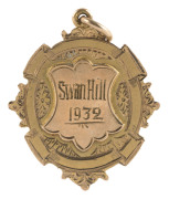 MUSIC AWARDS, ETC: a 9ct gold fob (6.7gms) engraved "Winners Carnival Contest 1922 L.Heaps"; a 9ct gold fob (8.3gms) engraved "Swan Hill 1932" and verso "SWAN HILL BAND CONTEST Pres. by CR. H. PYE, J.P. to LES HEAPS Winning Band Master". Also, a 15ct gold - 2