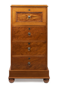 WILLIAM NORRIE impressive four drawer chest, mottled kauri inlaid with native New Zealand timbers, New Zealand origin, late 19th century, 126cm high, 61cm wide, 46cm deep