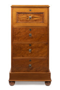 WILLIAM NORRIE impressive four drawer chest, mottled kauri inlaid with native New Zealand timbers, New Zealand origin, late 19th century, 126cm high, 61cm wide, 46cm deep