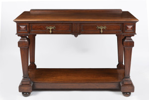 An Australian cedar two drawer console table, Melbourne origin, late 19th century, 84cm high, 123cm wide, 51cm deep