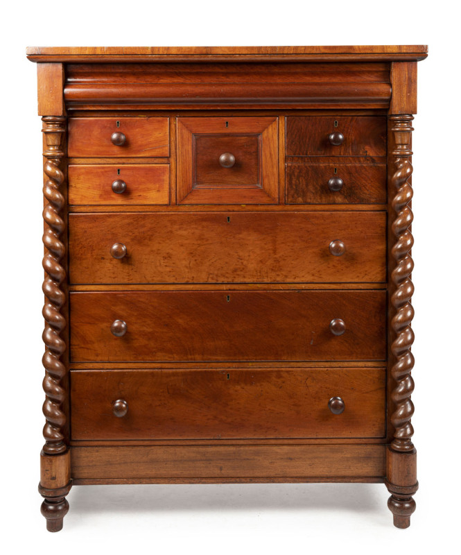 An Australian cedar chest of eight drawers with barley twist columns, 19th century, ​153cm high, 123cm wide, 60cm deep