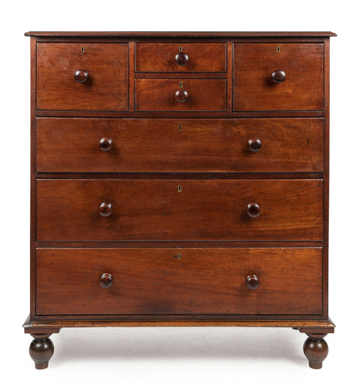 An antique Australian cedar seven drawer chest with cedar secondary timbers, 19th century, backing boards replaced with ply, 129cm high, 117cm wide, 51cm deep