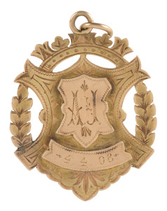 A 15ct gold fob (5.9gms) engraved "A.J. 4.4.08" on the front and verso "Presented to A. Jones. Hon. Sec. By the Employees of the AUSTRAL. GLASS BOTTLE WORKS, as a token of esteem, 1st Annual Picnic." The Austral Glass Bottle Works was established in Waterloo, Sydney, in 1902.