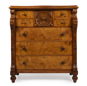 An antique Australian seven drawer chest with ornately carved corbels, huon pine with kauri pine secondary timbers, 19th century, 130cm high, 114cm wide, 56cm deep