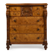 An antique Australian seven drawer chest with ornately carved corbels, huon pine with kauri pine secondary timbers, 19th century, ​130cm high, 114cm wide, 56cm deep