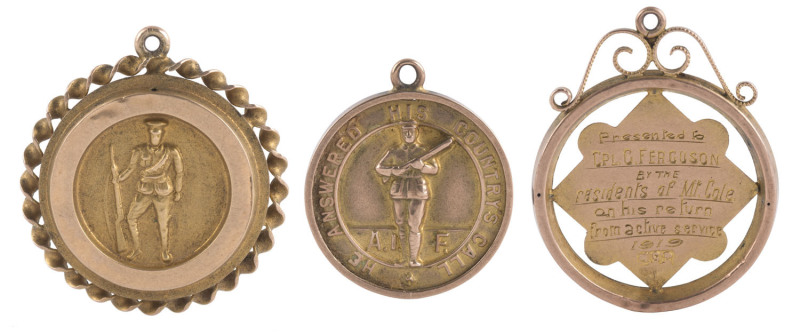 A group of three 9ct gold fobs (total 8.1gms) presented to Corporal G.A. Ferguson, on his return from active service in 1919. The awards are from the residents of BUANGOR, MOUNT COLE and WILLAURA, small communities near Ararat in Western Victoria.
