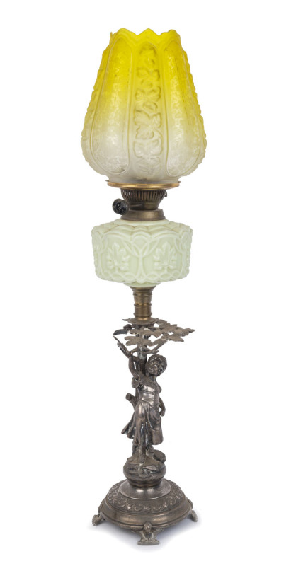 An antique oil lamp with figural silver plated base, Duplex black button double burner, original glass font and shade, inscribed on the base "Presented To W. Letcher Esq. By His Colleagues Of The Literary Staff And By The Commercial Staff Of The Ballarat