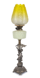 An antique oil lamp with figural silver plated base, Duplex black button double burner, original glass font and shade, inscribed on the base "Presented To W. Letcher Esq. By His Colleagues Of The Literary Staff And By The Commercial Staff Of The Ballarat 