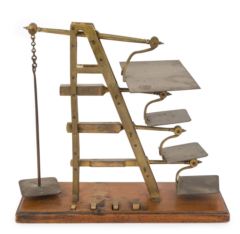 MELBOURNE POST OFFICE antique four tiered postal scales with original block weights, by DEGRAVES & Co. of London, stamped "G.P.O." with broad arrow mark. 19th century.37cm high, 41cm wide, 15cm deep