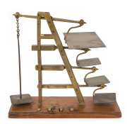 MELBOURNE POST OFFICE antique four tiered postal scales with original block weights, by DEGRAVES & Co. of London, stamped "G.P.O." with broad arrow mark. 19th century.37cm high, 41cm wide, 15cm deep