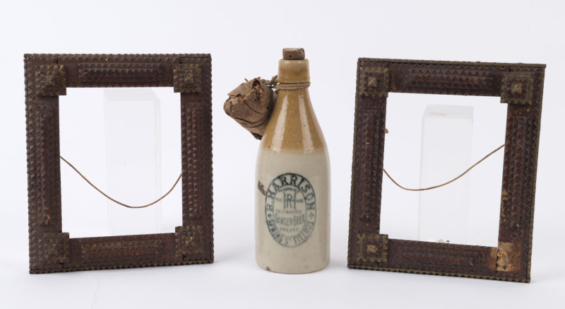 R. HARRISON of FITZROY stoneware ginger beer bottle, and a pair of tramp art picture frames, late 19th and early 20th century, (3 items), the bottle 22cm high