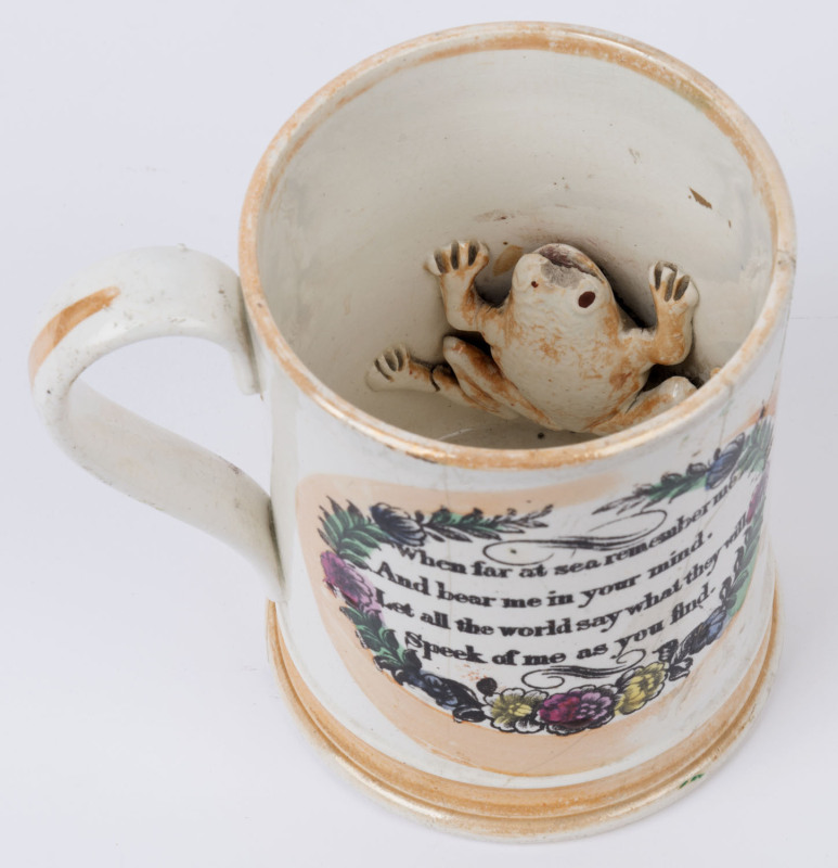 "GREAT AUSTRALIA" Staffordshire English porcelain tankard with frog interior, circa 1850, ​12.5cm high, 13.5cm wide